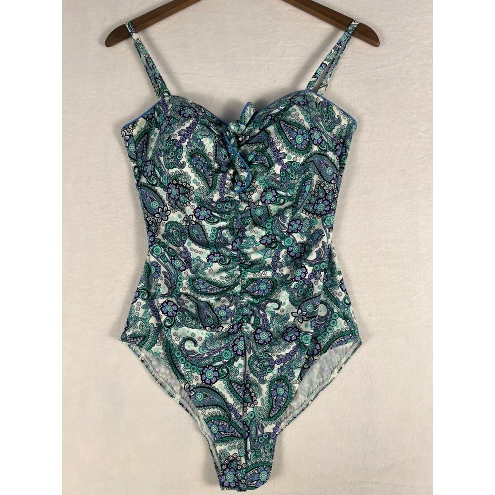 Fit 4 U One Piece‎ Swimsuit W 12 Teal Purple Paisley Fit 4 Ur Tummy Ruched Beach
